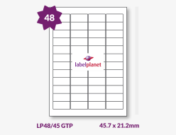 Gloss Clear Polyester Labels For Laser Printers, 48 per sheet, 45.7 x 21.2mm, LP48/45 GTP