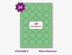 Green Labels For Inkjet/Laser Printers, 24 per sheet, 40mm diameter, LP24/40R G