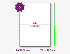 Green Labels For Inkjet/Laser Printers, 6 per sheet, 70 x 148.5mm, LP6/70 Green