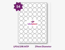 Matt Clear Polyester Labels For Laser Printers, 54 per sheet, 29mm diameter, LP54/29R MTP