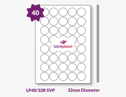 Matt Silver Security Void Polyester Labels For Laser Printers, 40 per sheet, 32mm diameter, LP40/32R SVP