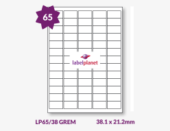 Matt White Low Tack Labels For Inkjet/Laser Printers, 65 per sheet, 38.1 x 21.2mm, LP65/38 GREM