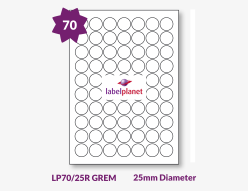 Matt White Low Tack Labels For Inkjet/Laser Printers, 70 per sheet, 25mm diameter, LP70/25R GREM