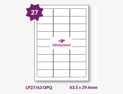 Matt White Opaque Labels For Inkjet/Laser Printers, 27 per sheet, 63.5 x 29.6mm, LP27/63 OPQ