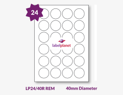 Matt White Removable Labels For Inkjet/Laser Printers, 24 per sheet, 40mm diameter, LP24/40R REM