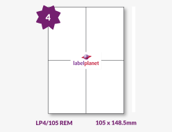 Matt White Removable Labels For Inkjet/Laser Printers, 4 per sheet, 105 x 148.5mm, LP4/105 REM