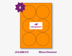 Orange Fluorescent Labels For Laser Printers, 6 per sheet, 88mm diameter, LP6/88R FO