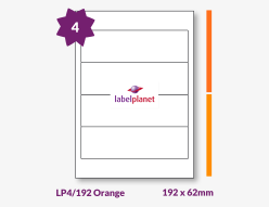 Orange Labels For Inkjet/Laser Printers, 4 per sheet, 192 x 62mm, LP4/192 Orange