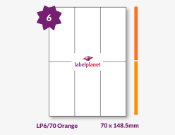 Orange Labels For Inkjet/Laser Printers, 6 per sheet, 70 x 148.5mm, LP6/70 Orange
