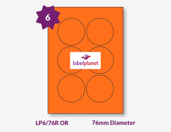 Orange Labels For Inkjet/Laser Printers, 6 per sheet, 76mm diameter, LP6/76R OR