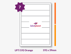 Orange Labels For Inkjet/Laser Printers, 7 per sheet, 192 x 39mm, LP7/192 Orange