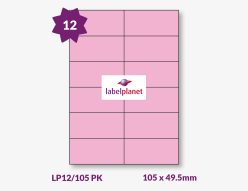 Pink Labels For Inkjet/Laser Printers, 12 per sheet, 105 x 49.5mm, LP12/105 PK