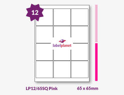 Pink Labels For Inkjet/Laser Printers, 12 per sheet, 65 x 65mm, LP12/65SQ Pink