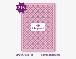 Pink Labels For Inkjet/Laser Printers, 216 per sheet, 13mm diameter, LP216/13R PK