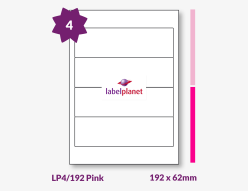 Pink Labels For Inkjet/Laser Printers, 4 per sheet, 192 x 62mm, LP4/192 Pink