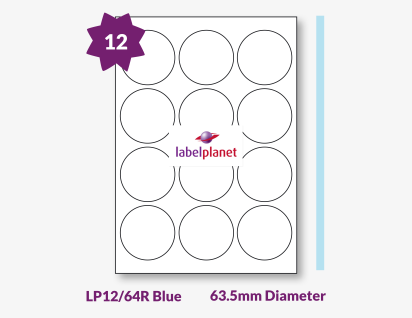 Blue Labels For Inkjet/Laser Printers, 12 per sheet, 63.5mm diameter, LP12/64R Blue
