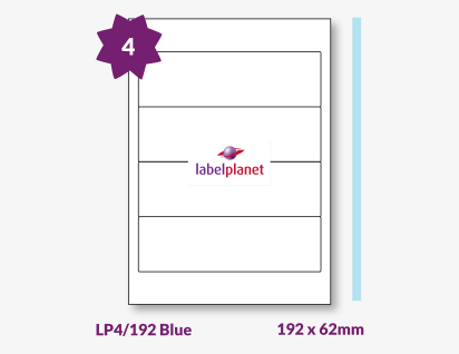 Blue Labels For Inkjet/Laser Printers, 4 per sheet, 192 x 62mm, LP4/192 Blue