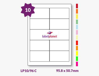 Coloured Labels For Inkjet/Laser Labels, 10 per sheet, 95.8 x 50.7mm, LP10/96 C