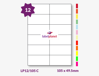 Coloured Labels For Inkjet/Laser Labels, 12 per sheet, 105 x 49.5mm, LP12/105 C