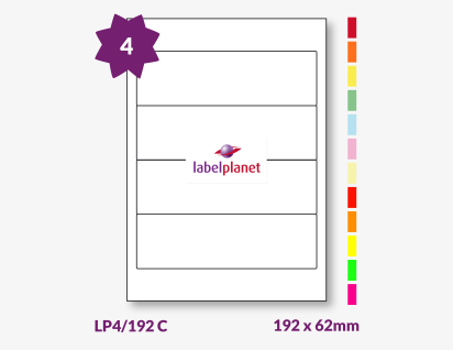 Coloured Labels For Inkjet/Laser Labels, 4 per sheet, 192 x 62mm, LP4/192 C