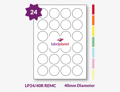 Coloured Removable Labels For Inkjet/Laser Printers, 24 per sheet, 40mm diameter, LP24/40R REMC