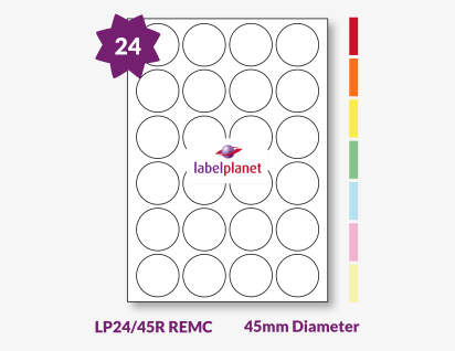 Coloured Removable Labels For Inkjet/Laser Printers, 24 per sheet, 45mm diameter, LP24/45R REMC