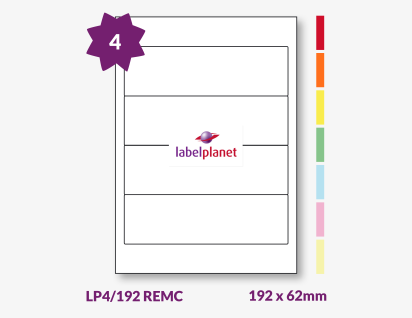 Coloured Removable Labels For Inkjet/Laser Printers, 4 per sheet, 192 x 62mm, LP4/192 REMC