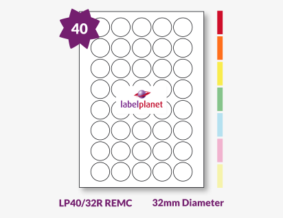 Coloured Removable Labels For Inkjet/Laser Printers, 40 per sheet, 32mm diameter, LP40/32R REMC