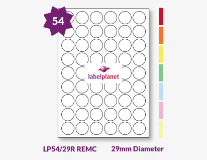 Coloured Removable Labels For Inkjet/Laser Printers, 54 per sheet, 29mm diameter, LP54/29R REMC