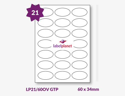 Gloss Clear Polyester Labels For Laser Printers, 21 per sheet, 60 x 34mm, LP21/60OV GTP