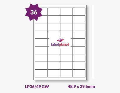 Gloss White Labels For Laser Printers, 36 per sheet, 48.9 x 29.6mm, LP36/49 GW