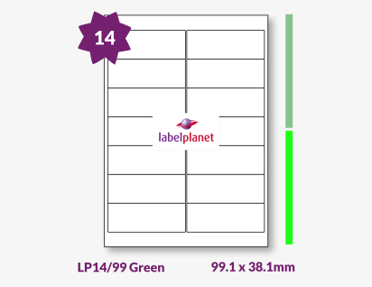 Green Labels For Inkjet/Laser Printers, 14 per sheet, 99.1 x 38.1mm, LP14/99 Green