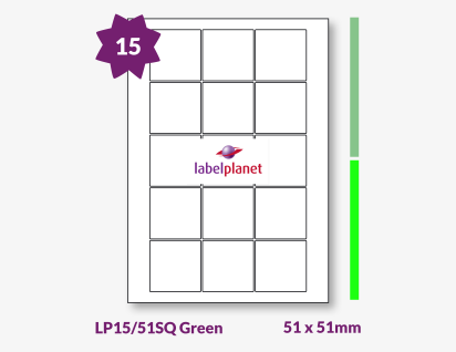 Green Labels For Inkjet/Laser Printers, 15 per sheet, 51 x 51mm, LP15/51SQ Green
