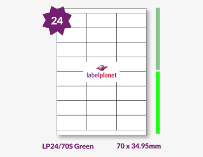 Green Labels For Inkjet/Laser Printers, 24 per sheet, 70 x 34.95mm, LP24/70S Green