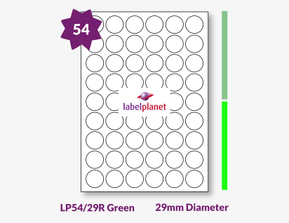 Green Labels For Inkjet/Laser Printers, 54 per sheet, 29mm diameter, LP54/29R Green