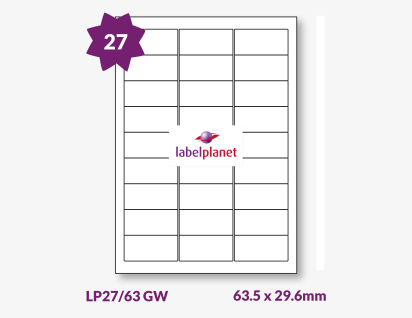Laser Gloss White Labels, 27 per sheet, 63.5 x 29.6mm, LP27/63 GW