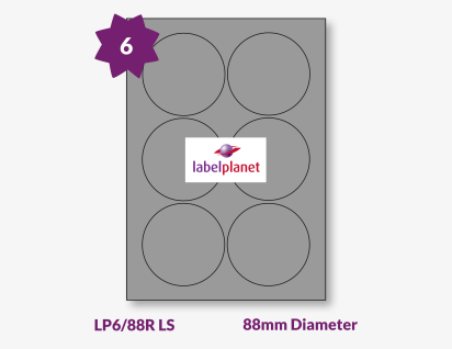 Luxury Metallic Silver Labels For Laser Printers, 6 per sheet, 88mm diameter, LP6/88R LS