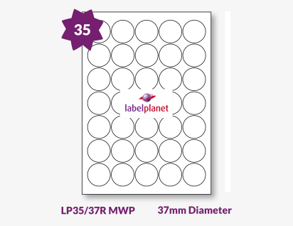 Matt White Polyester Labels For Laser Printers, 35 per sheet, 37mm diameter, LP35/37R MWP