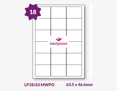 Matt White Polyolefin Labels For Inkjet/Laser Printers, 18 per sheet, 63.5 x 46.6mm, LP18/63 MWPO
