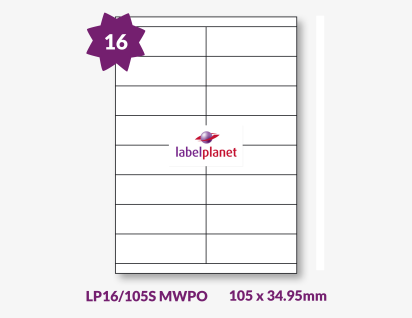 Matt White Polyolefin Labels For Laser Printers, 16 per sheet, 105 x 34.95mm, LP16/105S MWPO