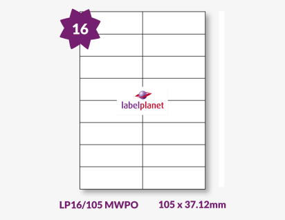Matt White Polyolefin Labels For Laser Printers, 16 per sheet, 105 x 37.12mm, LP16/105 MWPO