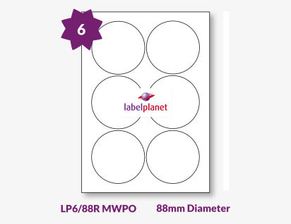 Matt White Polyolefin Labels For Laser Printers, 6 per sheet, 88mm diameter, LP6/88R MWPO