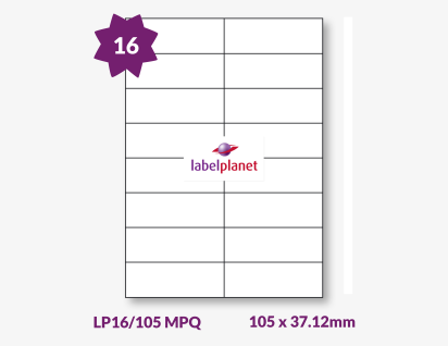 Matt White Premium Quality Labels For Inkjet/Laser Printers, 16 per sheet, 105 x 37.12mm, LP16/105 MPQ