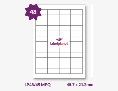 Matt White Premium Quality Labels For Inkjet/Laser Printers, 48 per sheet, 45.7 x 21.2mm, LP48/45 MPQ