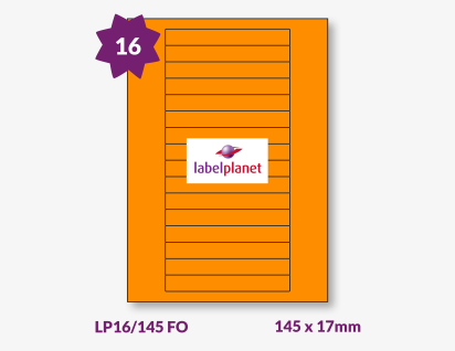 Orange Fluorescent Labels For Laser Printers, 16 per sheet, 145 x 17mm, LP16/145 FO