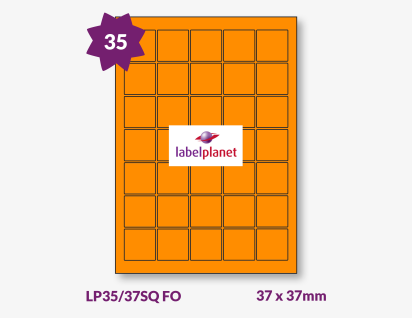 Orange Fluorescent Labels For Laser Printers, 35 per sheet, 37 x 37mm, LP35/37SQ FO