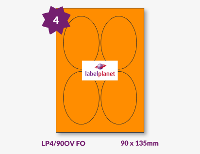 Orange Fluorescent Labels For Laser Printers, 4 per sheet, 90 x 135mm, LP4/90OV FO