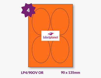 Orange Labels For Inkjet/Laser Printers, 4 per sheet, 90 x 135mm, LP4/90OV OR