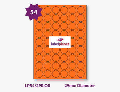 Orange Labels For Inkjet/Laser Printers, 54 per sheet, 29mm diameter, LP54/29R OR