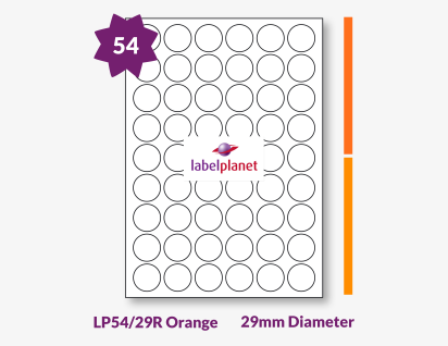 Orange Labels For Inkjet/Laser Printers, 54 per sheet, 29mm diameter, LP54/29R Orange